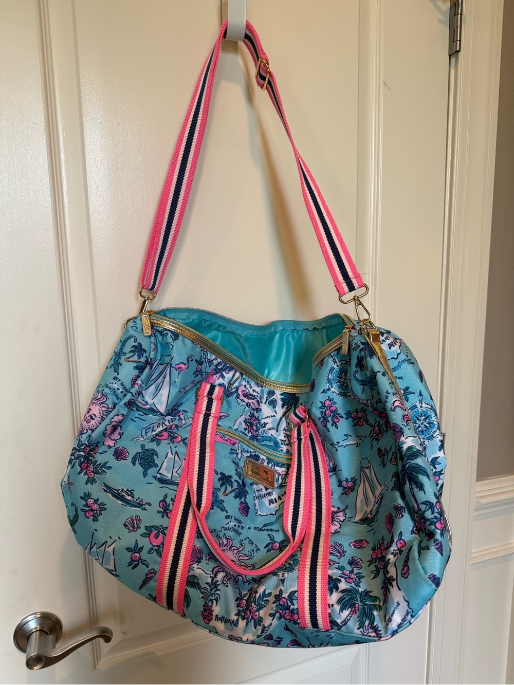 Lilly Pulitzer Florida Aqua Floral Print Tote with Pink Striped Straps